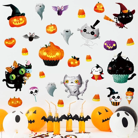 Halloween Wall Stickers PVC Self Adhesive Pumpkin Ghost Black Cat Cartoon Party Decor Waterproof Window Decals