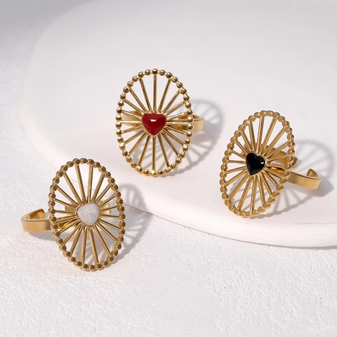 Heart Open Adjustable Ring Stainless Steel 18K Gold Plated Sunburst Texture Retro Enamel Jewelry For Women