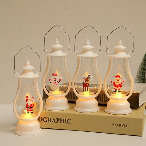 Christmas LED Lantern Retro Hanging Light Plastic Santa Snowman Reindeer Ornament Warm Glow Desktop Decor Holiday Accent