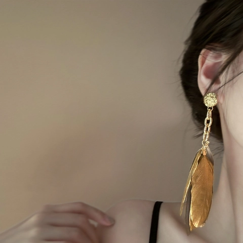 Pendientes Colgantes De Pluma Dorada Vintage Con Poste De Plata Borla Larga Joyería De Aleación Para Mujeres Boho Chic