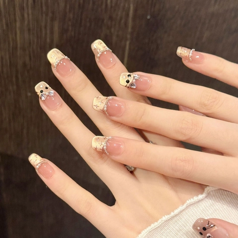 Uñas Postizas Hechas A Mano Ojo De Gato Degradado Rosa Melocotón Punta Francesa Con Lazo De Perlas Artificiales Estilo Dulce Para Mujeres