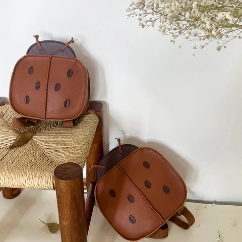Kids Backpack Cute Ladybug Shape PU Leather Brown Cartoon School Bag For Toddlers Boys Girls Kindergarten Daily