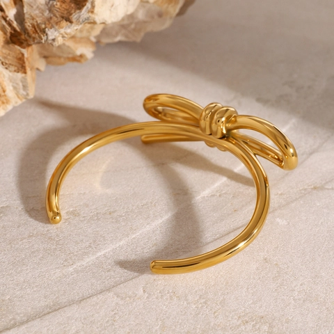 Bracciale Rigido Aperto Con Fiocco Acciaio Inossidabile Placcato Oro Design A Nodo Gioielli Eleganti Minimalisti Da Donna