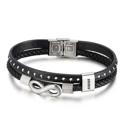 Bracciale Multistrato In Pelle Intrecciata Da Uomo Con Simbolo Infinito In Acciaio Inossidabile Dettaglio Borchie Gioielli Hip Hop