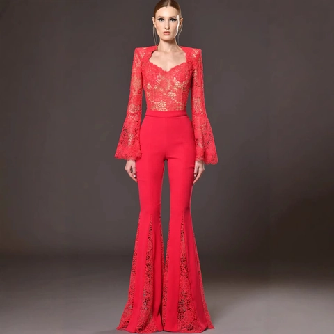 Red Lace Top And Flare Pants Sexy Hollow Out Long Bell Sleeve Elegant Solid Color Outfits Women