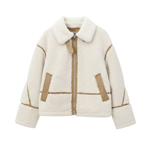 Giacca Sherpa Da Donna Cappotto In Pile Con Bordino In Camoscio A Contrasto Cerniera Colletto A Revers Invernale