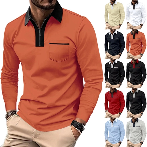 Men Casual Long Sleeve Polo Shirt Contrast Lapel Collar Zipper Placket Pique Fabric Regular Fit Top with Chest Pocket