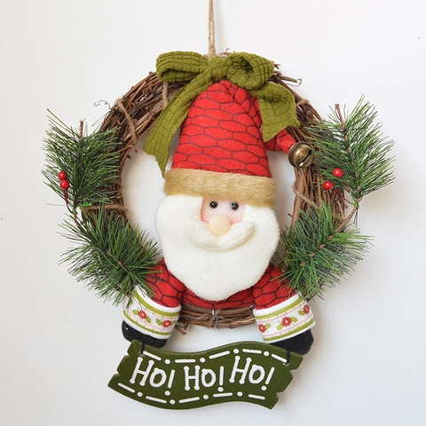Christmas Wreath Rattan Hanging Garland With Santa Snowman Reindeer Plush Figures Holiday Door Wall Decor