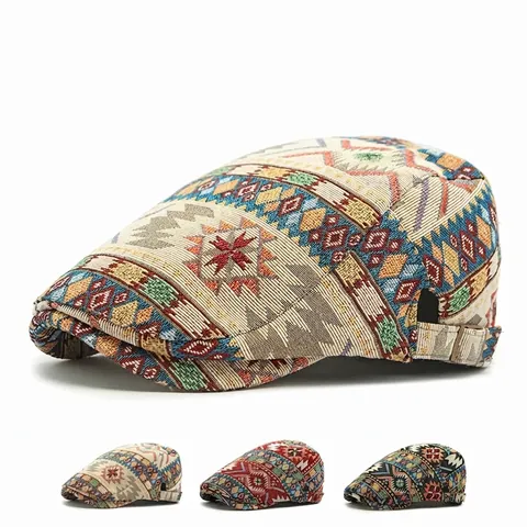 Flat Cap Retro Ethnic Geometric Jacquard Polyester Adjustable Buckle Forward Ivy Hat Vintage For Men Women
