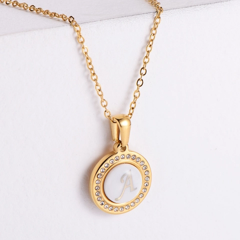 Initial Letter Pendant Necklace Stainless Steel Mother Of Artificial Pearl Rhinestone Round Medallion Dainty Jewelry For Women