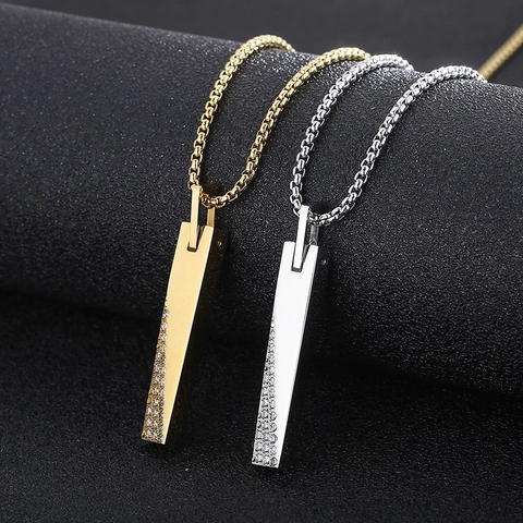 Stainless Steel Rectangle Bar Pendant Necklace With Inlaid Rhinestones Hip Hop Style Jewelry For Men And Women