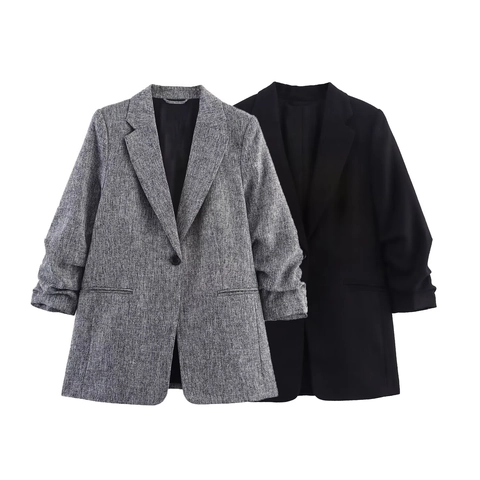 Dames Casual Blazer Inkeping Revers Enkele Knoop Halflang Geplooide Mouwen Tweed Getextureerde Jas