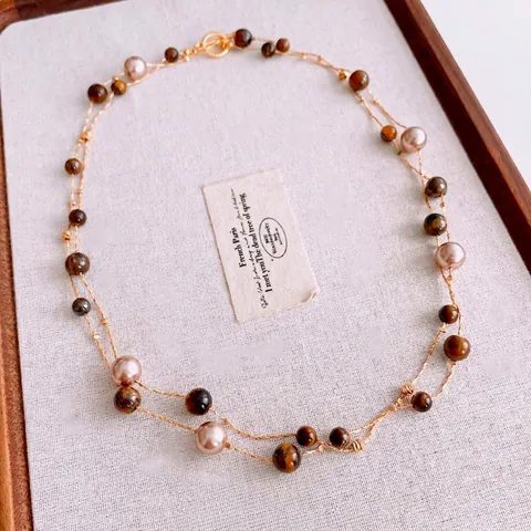 Französische Vintage Mehrlagige Halskette Für Damen Brauner Tigerauge Stein Und Künstliche Perlen Lange Pulloverkette Retro Schmuck