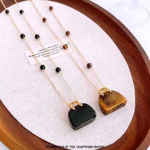Mini Handbag Pendant Necklace Copper Beaded Long Sweater Chain French Retro Natural Tiger Eye Black Onyx Jewelry Women