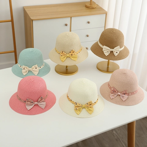 Sombrero De Paja Y Bolso Niños Protección Solar Lazo Lunares Verano Dulce