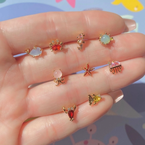 Ins Marine Series Animal Stud Earrings Gold Plated Copper Rhinestone Crab Octopus Jellyfish Starfish Tiny Ear Bone Jewelry