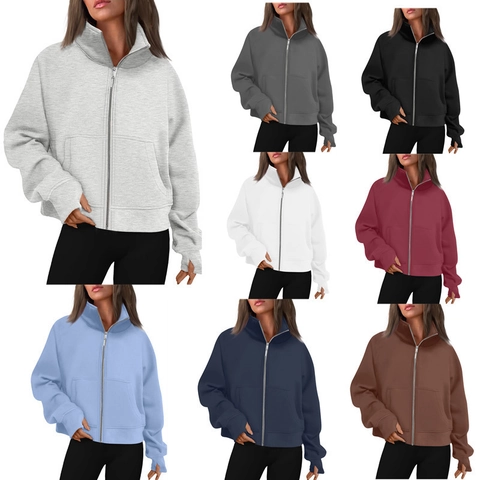 Women Stand Collar Full Zip Sweatshirt Fleece Lined Long Sleeve Casual Sporty Jacket With Thumb Holes Solid Color