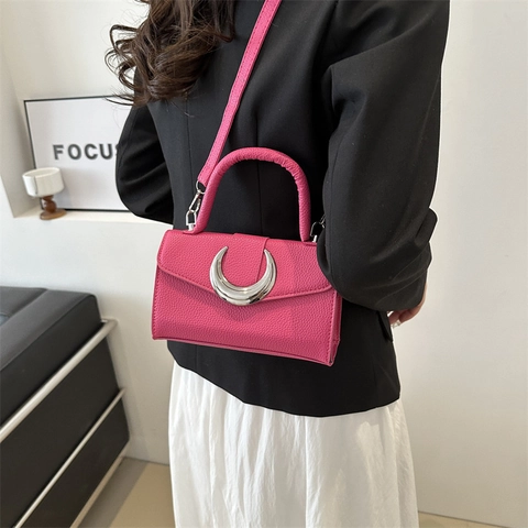 Women Pebbled PU Leather Handbag With Silver Crescent Buckle Chic Minimalist Crossbody Bag Top Handle