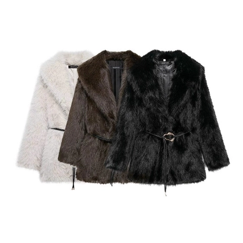 Abrigo De Piel Sintética Para Mujer Largo Medio Cálido Streetwear Chaqueta Elegante Con Solapa Y Cinturón
