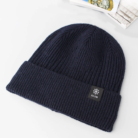 Bonnet En Tricot D'Hiver Pour Hommes Mélange Laine Acrylique Doublé Polaire Épais Chaud Revers Patch Flocon De Neige Extérieur