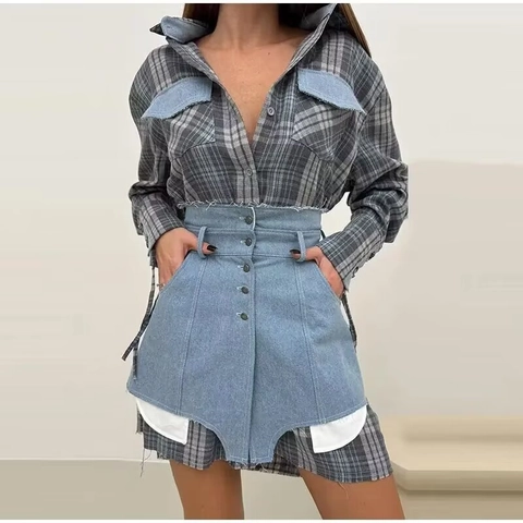 Plaid Langarmhemd Und Shorts Mit Hoher Taille Street Style Patchwork Tasche Knopf Bindemanschetten Mode