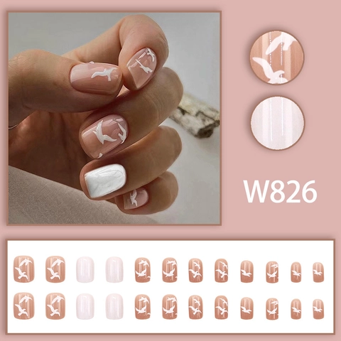 Press On Nails White Seagull Pattern 3D Relief Square Shape Fake Nails Glossy Resin Manicure Tool For Women Daily Wear