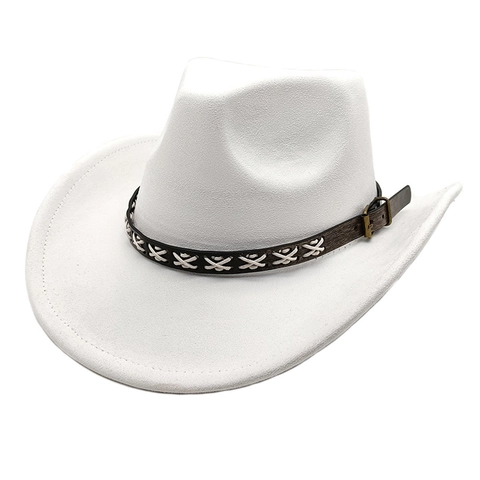 Cappello Da Cowboy Western Scamosciato Tesa Larga Stile Etnico Con Fascia In Pelle Decorativa Punto Croce Retrò Unisex Fedora