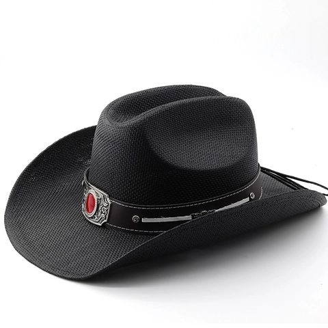 Western Cowboy Hat Paper Straw Woven Wide Brim Breathable Sun Protection Vintage Ethnic Style For Outdoor Travel Horse Riding