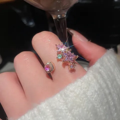 Anello Aperto Stella In Zircone Rosa Elegante In Rame Placcato Oro Regolabile Gioielli Di Moda Per Donne