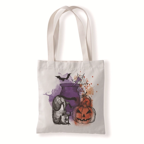 Bolso De Lona Con Estampado De Gato Y Calabaza De Halloween Bolsa De Compras Ecológica Bolso De Hombro De Algodón