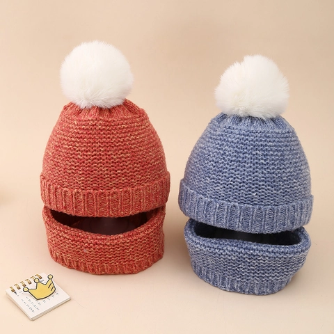 Baby Winter Knit Beanie Hat And Neck Warmer Solid Color Warm Acrylic With Pom Pom For Infants Toddlers