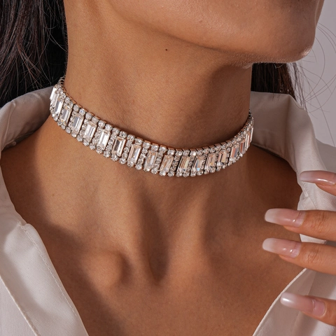 Geometrische Strass Choker Halskette Silber Legierung Funkelndes Kristall Rechteckig Rund Edelstein Elegant Damen Halsschmuck