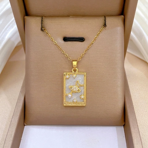Tarot Card The World Pendant Necklace Stainless Steel Mother Of Artificial Pearl Celestial Moon Star Saturn Elegant Jewelry For Women
