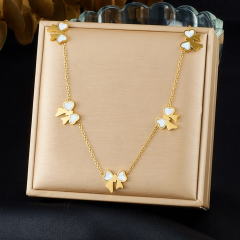 Collana Con Fiocco E Orecchini Acciaio Inossidabile Placcato Oro Conchiglia Bianca Elegante Minimalista Accessori Donna