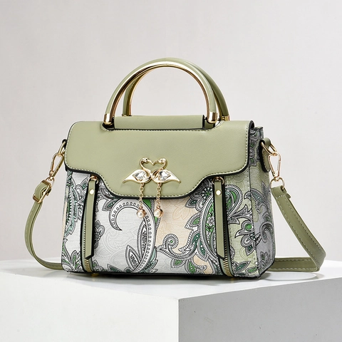 Vintage Paisley Print Handbag PU Leather Top Handle Crossbody Bag With Swan Buckle Artificial Pearl Tassel Contrast Stitching