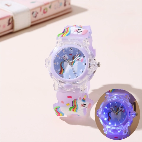 Kids Cartoon Unicorn Watch LED Glowing Luminous Quartz Children Wristwatch Plastic Silicone Strap Cute Student Gift