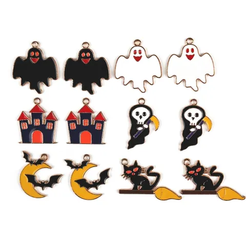 Enamel Halloween Charms Zinc Alloy DIY Jewelry Making Ghost Bat Castle Cat Pendant Accessories Holiday Decor
