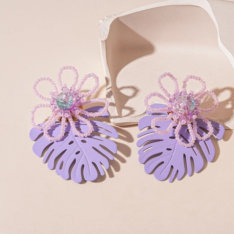 Lila Blumen Monstera Blatt Ohrhänger Für Frauen Perlen Kupfer Mit Silver Earring Post Bohemian Tropischen Stil