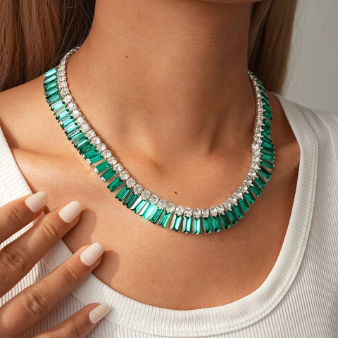 Collier Chaîne De Pull Strass Géométrique Rectangulaire Coupe Baguette Cuivre Luxe Vintage Vert Émeraude Bijoux Femmes