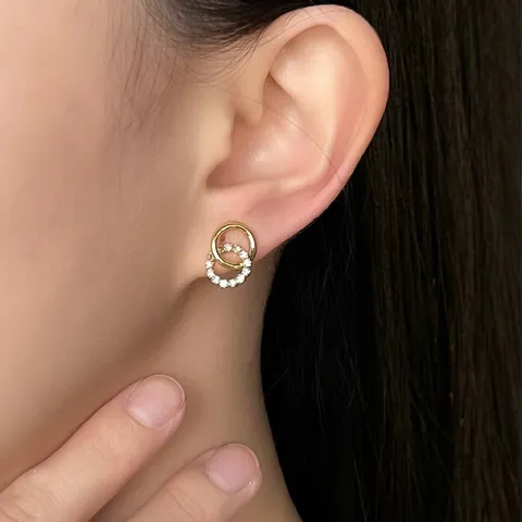 Boucles D'oreilles Doubles Cercles Entrelacés Avec Zircon Et Tige En Argent Plaquées Or 18K Bijoux De Mode Géométriques Pour Femmes