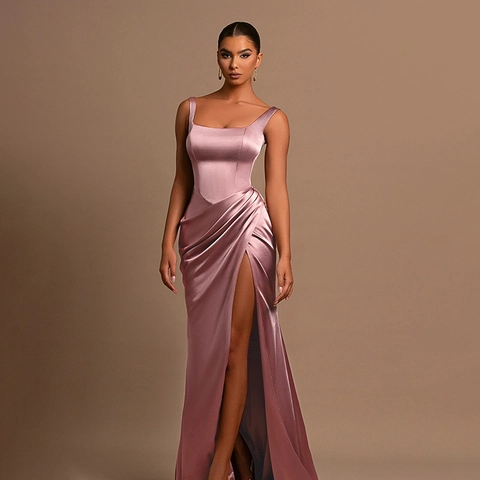 Elegantes Satin Abendkleid Quadratischer Ausschnitt Hoher Schlitz Ärmellos Gerafft Slim Fit Formales Maxi Partykleid Für Damen