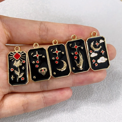 Pendenti Carte Dei Tarocchi In Smalto Alligato Rettangolari Mistici Celesti Luna Stella Occhio Per DIY Creazione Gioielli