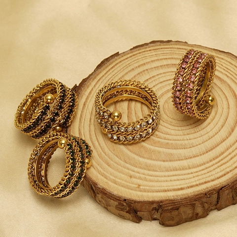 Fashionable Multi Layer Twisted Braided Stainless Steel Ring For Women 18K Gold Plated Adjustable Zircon Inlaid Jewelry