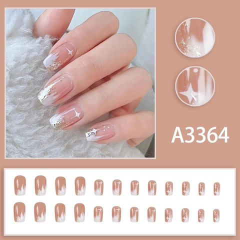 Press On Nails French Gradient Milky White Champagne Gold Glitter Star Pattern Artificial Fingernails Elegant Sweet Style For Women