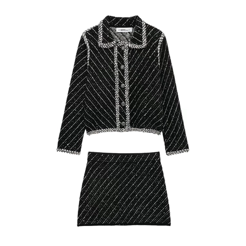 Damen Jacke Und Minirock Tweed Strick Langarm Revers Geflochtene Besätze Schwarz Weiß Karo Elegant Büro Outfit