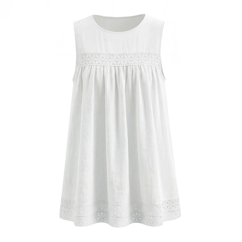 Damen Ärmelloses Mini Kleid Mit Rundhalsausschnitt Viskose Baumwolle Lochspitze Patchwork Lässige A-Linie Weiß