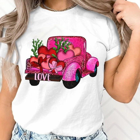 Valentijnsdag Liefde Truck Hart Print Katoenen T-Shirt Korte Mouwen Ronde Hals Casual Mode Tops Voor Heren Dames