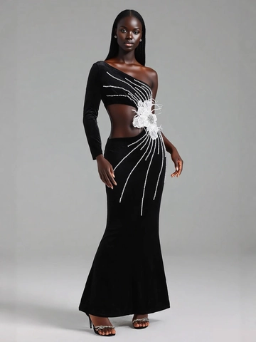 Elegant One Shoulder Velvet Evening Gown Mermaid Long Dress With 3D Flowers Artificial Pearl Rhinestones Hollow Out Sexy Slim Fit