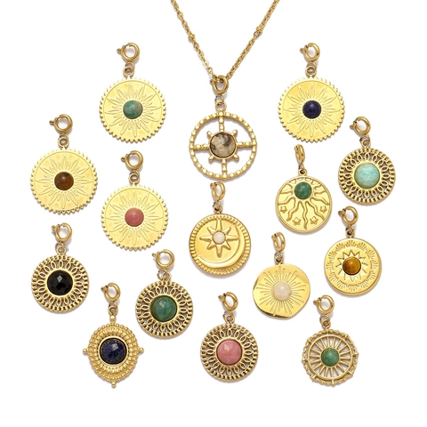 Stainless Steel Natural Stone Inlaid Round Pendants Sun Moon Star Bohemian DIY Jewelry Making Charms For Women