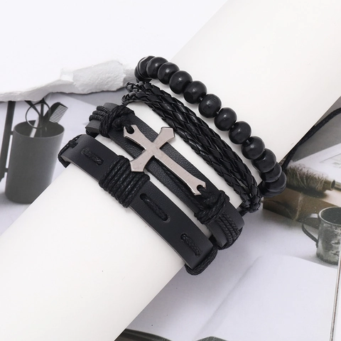 Vintage Multi Layer Heren Armband Rundleer Gevlochten Koord Houten Kralen Legering Bedels Verstelbaar Sieraad Retro